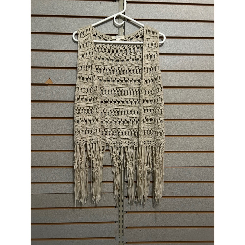 Umgee‎ USA Womens XL Crochet Knit Fringe Vest Beige Open Front Boho Festival